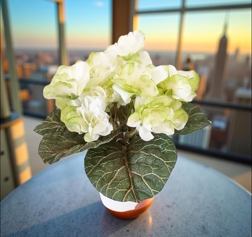 6 Artificial African Violet in Ceramic Pot – Realistic Faux Green & White Mini Plant for Home Décor, Crafts & DIY Arrangements