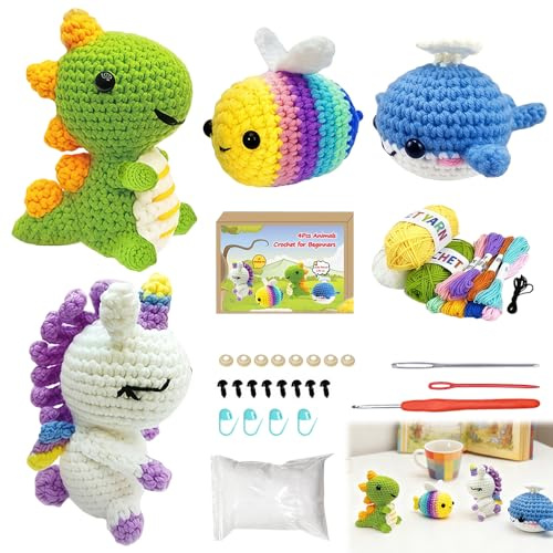 Häkelset für Anfänger, Crochet Set mit Zubehör, Häkelset Tiere, Häckel Kit für Anfänger für Erwachsene, DIY Set Erwachsene (Bienen/Dinosaurier/Wale/Einhorn)
