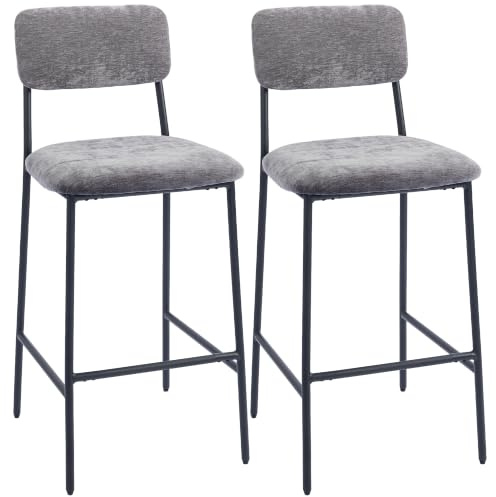 HOMCOM Barhocker 2er Set Barstuhl mit Fußstütze Rückenlehne 72,5 cm Grau | Tresenhocker, Gepolstert, Bistrohocker mit Stahlgestell, Chenille-Optik, für Küche, Hausbar