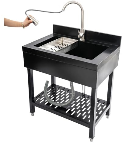 Mqwdxzfes Freistehende Edelstahl-Spülbecken, Großes Einzelbecken Spültisch mit Abtropfkorb & Ausziehbare Wasserhahn, Gewerbliche Küchenspüle Spülschrank für Zuhause Waschküche (70x50x90 cm, Schwarz)