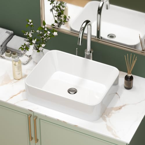 Sarlai White Countertop Bathroom Sink, Ceramic Wash Basin 48.5x38x13cm | Above Counter Bathroom Basin, Modern Rectangular Vessel Sink, Smooth Glazed Surface, Sinks for Cloakroom, Vanity, Lavatory