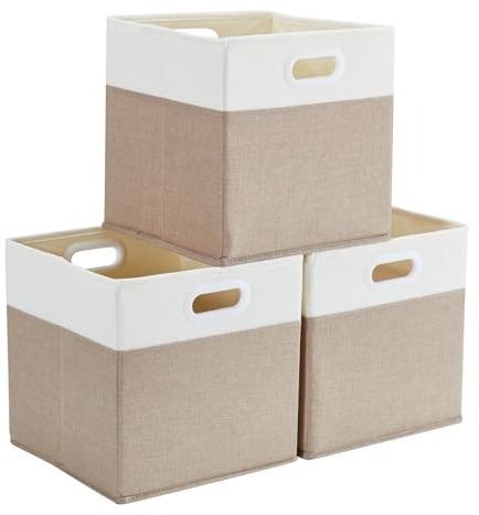Mangata Aufbewahrungsbox 35x35x35 cm, Stoff-Aufbewahrungskörbe faltboxen für Kleiderkörbe, Körbe, Truhen, Spielzeug (3 er, Helles Khaki/Beige Weiß)