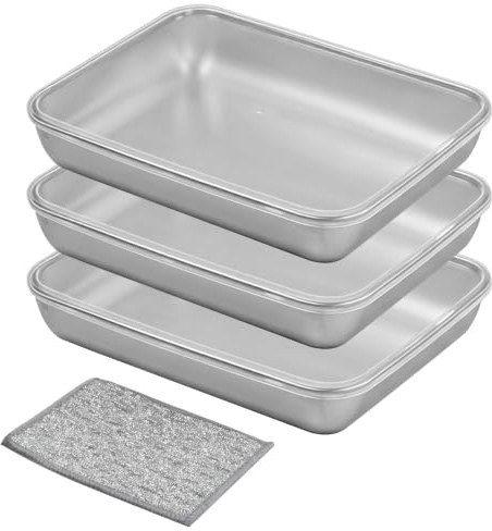 Voxlara Set de 3 Boles para Empanar, Boles de Acero Inoxidable Rectangulares con Tapa Apilables, para Pescado, Carne y Verduras, Incluye Paño de Cocina - 25 x 20 x 5 cm