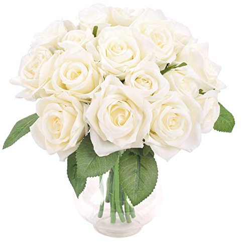 Famibay Artificial Flowers White Roses 18 Heads Fake Flowers 2 Bouquets Artificial Roses with Stems Silk Wedding Bouquet for Home Garden Party Hotel Decoration (White, No Vase)