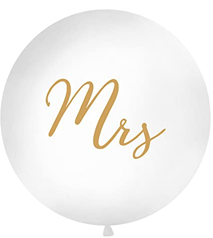 PartyDeco Runde Ballon Weiß mit Goldenen Aufschrift Mrs - Latex-Ballon Brautpaar Junges Paar in der Luft- 1m Durchmesser Ballon Träger Hochzeit Dekoration Hochzeit Empfang