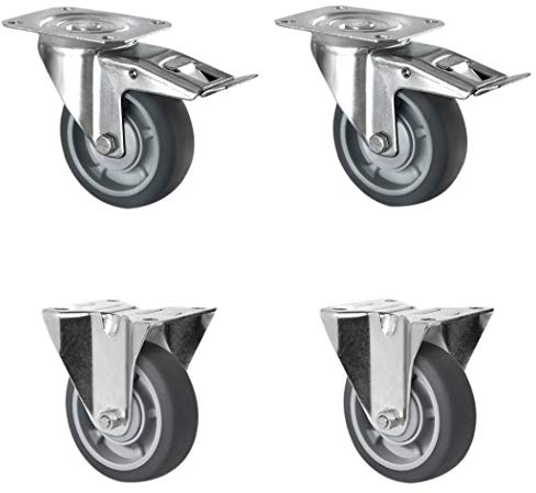 CASCOO SETTBFB100P2G2B32 Rollensatz 2 Lenkrollen mit Feststeller, 2 Bockrollen, Polypropylen, Gummi, Durchmesser 100 mm, Kugellager, Transportrollen, spurlos, Traglast 405 kg (4-er Pack)