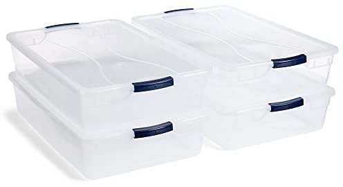 Rubbermaid Cleverstore 42 Quart Stackable Plastic Storage Bin with Lids for Garage, Closet, and Classroom, Clear, 4 Pack