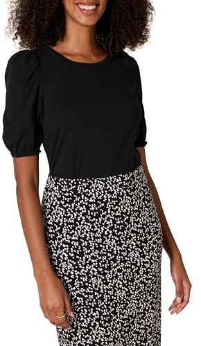 Amazon Essentials Damen Regular-Fit-T-Shirt Mit Puffärmeln Und Rundhalsausschnitt, Schwarz, XL