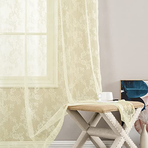 TOPICK Cortinas de Gasa Encaje Rosas Vintage con Ojales Transparente Aspecto de Moderno Comedor Salón Dormitorio para Ventana Beige Juego de 2 Unidades 150 x 175 cm