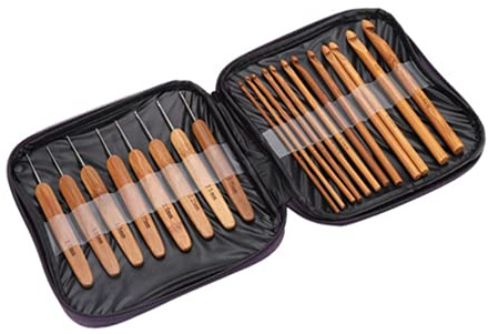 Wooden Crochet Hooks, 20 Stücke Bambus Häkelnadeln mit Maschenhalter, Strick Markierer, Tragbare Tasche für Stricken von Socken, Schal, Decke, Schal, Pullover DIY Griff Weben Handwerk Nähen