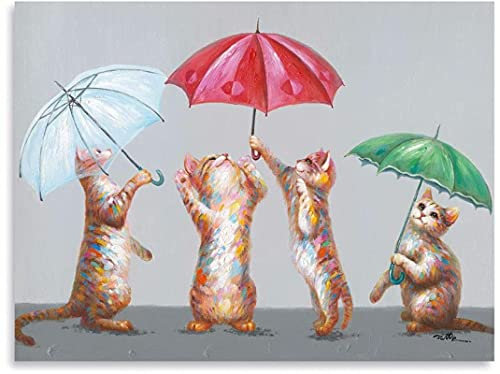 Bild Leinwand Kitty Leinwand Wandkunst Süße Kitty Familie Tanzen mit buntem Regenschirm Lustiges Tier Wand Dekor Katzenbild für Mädchen Schlafzimmer Badezimmer 70x110cm/27,6x43,3 Rahmenlos 4