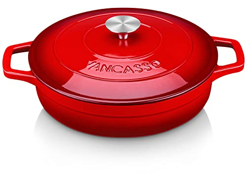 vancasso Casseruola rotonda rossa, casseruola in ghisa smaltata, 3 litri pentola con coperchio, olandese oven adatta a tutte le fonti di calore, per la casa, ristorante, hotel, 28 x 7 cm
