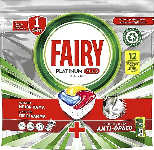 Fairy Platinum Spülmaschinentabs Plus, Klarspüler, 12 Spülmaschinenkapseln, Zitrone, Anti-Matt-Technologie mit Klarspülwirkung, gegen Fett und hartnäckige Verkrustungen