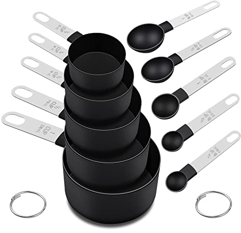 FONYA 10 Pieces Measuring Cups and Spoons Set ， 5 Measuring Cups / 5 Measuring Spoons Nesting Measure Cups with Stainless Steel Handle，for Dry and Liquid Ingredient （Black）