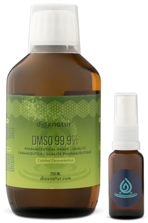 Dioxnatur DMSO 99,9% 250ml Dimetilsulfóxido Grado Farmacéutico - Botella + Spray Vaporizador cristal ámbar