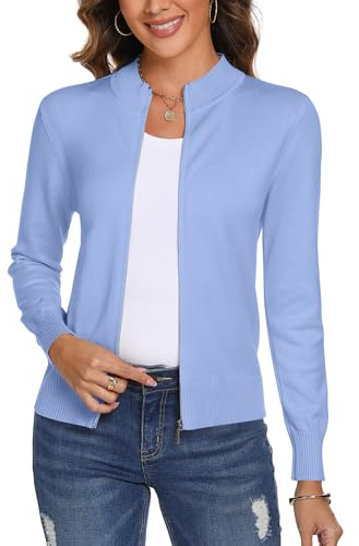 Aottori Cárdigan de Punto para Mujer con Cremallera Manga Larga Ligero Suéter Rebeca Chaqueta de Jerseis Azul Claro M