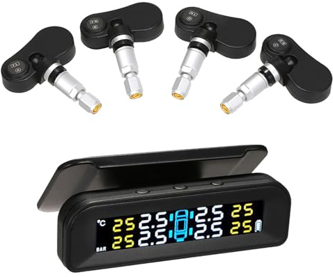 Vislone TPMS-Reifendrucküberwachungssystem, kabellos, Echtzeit-Solarenergie, klares LCD-Display, 4 interne Sensoren, Alarmfunktion