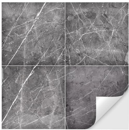 FINZOO 24Pcs Marble Stick on Tiles, 30 x 30cm, Grey, PVC, PET, Glossy, Square, Waterproof, Oil Resistant, Classic, Marble, Reusable, Indoor, Wall, Kitchen, Bathroom, Tile Stickers