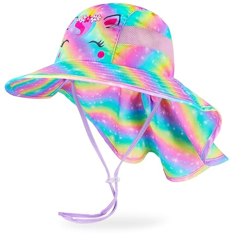 MHJY Kids Sun Hat Girls UV Protection Summer Hats Adjustable Beach Cap Unicorn Bucket Hats with Wide Brim Neck Flap for Toddlers 2-9 Years Rainbow