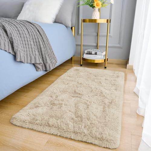 MOONLIGHT20015 Alfombras para salón, alfombra esponjosa color crema para dormitorio, supersuave, pequeña, gruesa, pelo rizado, antideslizante, sin pelusa, alfombra de felpa para comedor, 50 x