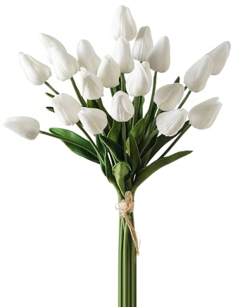 Tulipani finti, 20 tulipani artificiali bianchi, fiori artificiali realistici al tatto, decorazioni per bouquet di Pasqua, primavera, festa della mamma, San Valentino, casa, tavola da pranzo, regalo