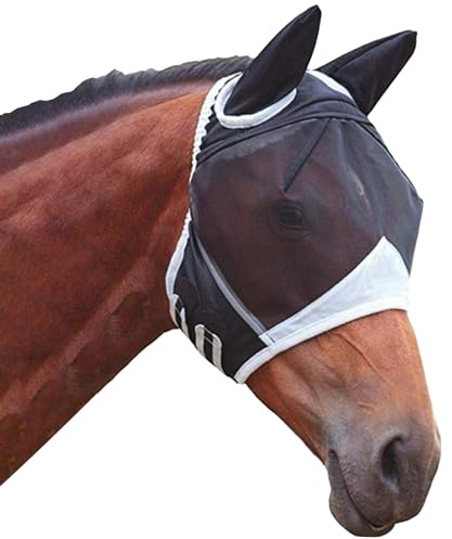 DKDDSSS Máscara Antimoscas Caballo, Máscara Anti-Moscas para Caballos con Orejeras - Malla Transpirable, Anti-UV, Antimosquitos e Insectos, Máscara de Freno Elástica (Negro)