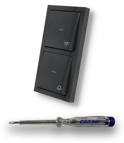 Busch Jäger Klingel & Lichtschalter Set, Glocken & Klingel Symbol, Taster permanent beleuchtet Typ 2020 USGL + Wippen mit Rahmen in Future Linear anthrazit + EBROM Phasenprüfer zur Montage der Geräte