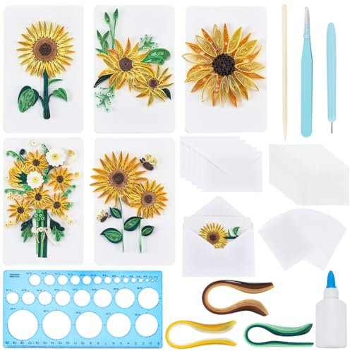 WEBEEDY 20 Set Papier Quilling Kit Für Erwachsene Anfänger DIY 5 Stile Sonnenblumen Quilling Grußkarten Bastelset Mit Anleitung DIY Quilling Materialien Für Geburtstag Weihnachten