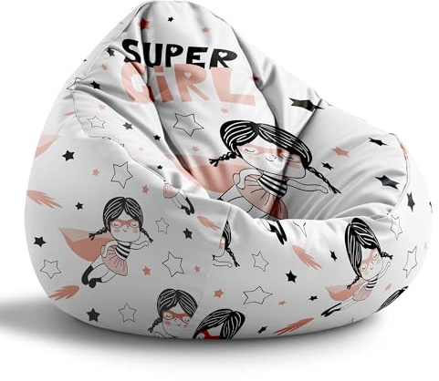 DreamRoots Sitzsack Kinder Bean Bag, Super Girl, Gr. M | Sitzkissen Kinder Boden, Kinderzimmer Möbel, Sitzsäcke fürs Kinderzimmer, mit Füllung
