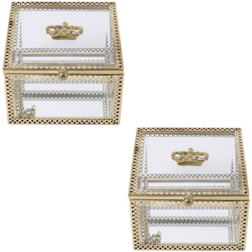 VALICLUD Boîte De 2 Pièces boîte à bijoux en verre Effacer les poubelles de stockage armoire doré boîtes avec couvercles boîtes à bibelots conteneur de stockage de bibelots Un verre Golden
