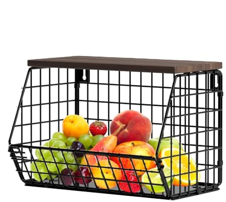 Panier Corbeille A Fruit Murale Pour La Cuisine, Panier De Fruits Et Legumes, Empilable Panier Rangement Pour Fruit Basket Avec 4 Crochets De Cintre De Banane, Panier A Fruit Mural Mur Empilable