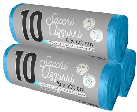 50 Sacchetti Spazzatura - BIODEGRADABILI- MISURA: 70x110 cm - con Manici | Sacchetti Immondizia da 110L, Trasparenti per Raccolta Differenziata | Buste Anti Umidità, Plastica Riciclata, Azzurri