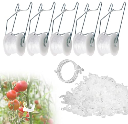 Ganchos de rodillo de tomate con cuerda y clips de enrejado de tomate, clip de soporte de plantas para plantas trepadoras, ganchos de soporte reutilizables para tomates, kit de enrejado de invernadero
