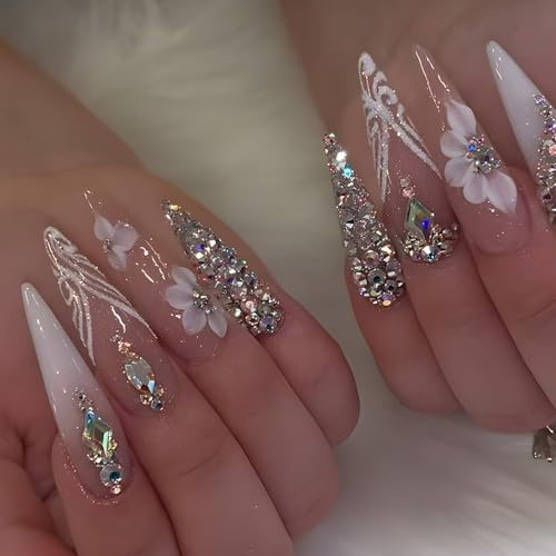 24pcs Medium Almond Nail Tips,Shiny Rhinestone French Tip False Nails Design,12 Sizes Press on Nails for Women, Acrylic Full Cover Nail Glue for Women, Fake Nails with Glue DIY Nail Art for Gilrs