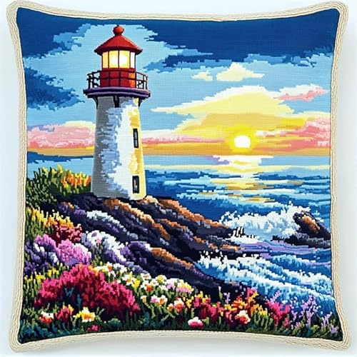 WallustrioaW paysage point noué kit de taie d'oreiller à crochet,Fleurs et phare au bord de la mer,Kit Coussin au Point Noué pour la Décoration D'oreillers et de Coussins,43x43cm