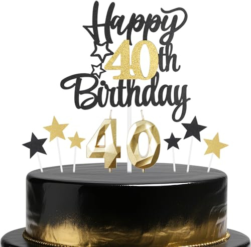 Black Gold 40th Birthday Candles Cake Toppers Set,40th Birthday Decorations for Men,Golden Number 40 Candle for Cake,Gold Candle Black Star Cupcake Toppers for Men Women Birthday Party Supplies