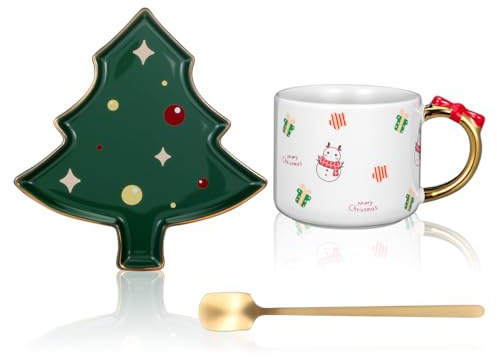 Healifty Mug with Christmas Tree Saucer: 3 PCS 8.12OZ Christmas Mug with Spoon - Festive Ceramic Tableware Range Present for Tea Coffee Cappuccino Espresso
