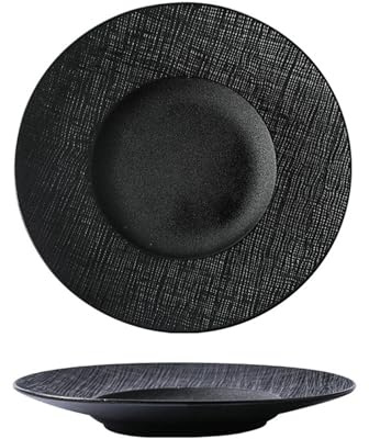 Vaisselle minimaliste nordique en céramique noire et blanche - Vaisselle exquise - Assiette plate à large bord de 27,9 cm - Noir