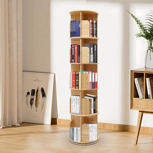 GIDRLL 360° Drehbares Bücherregal, 5 Ebenen Massivholz Bookshelf stapelbares Drehregal, Multifunktionales Freistehend Lagerregal für Kinder und Erwachsene, 45 * 160cm