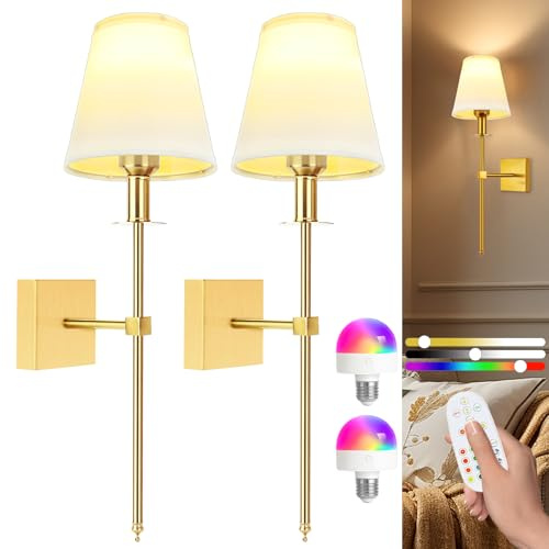Psatfito G Lamparas Pared sin Cable, Regulable, con 5000mAh Bombilla Recargable y Mando a Distancia, 400 LM Aplique Bateria para Sala de Estar Dormitorio Pasillo, 2 Pack, Dorado