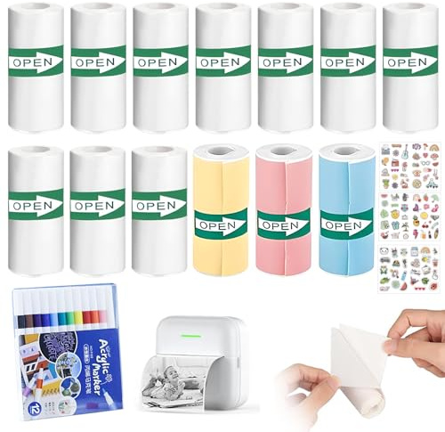 RoxNvm Thermopapier Kinderkamera, 13 Rollen Thermopapier Selbstklebend con Acrylstifte und Cartoon Sticker, Mini Bunt Thermorollen, Thermodrucker Papier für Kinder Sofortbildkameras Fotos, Notizen