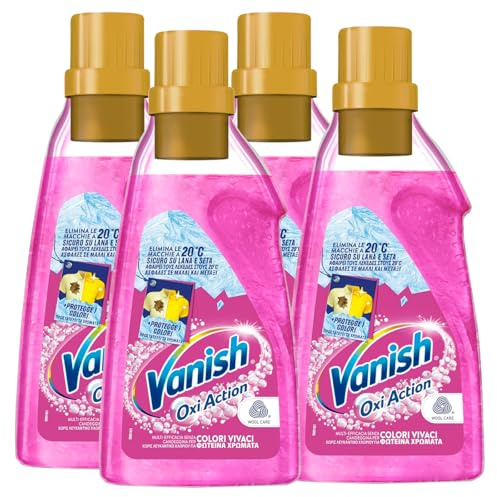 Vanish Oxi Action Gel Rosa Smacchiatore Lavatrice Bucato per Tessuti Colorati Rimuove Macchie e Odori Azione Igienizzante Protegge i Colori Sicuro su Lana e Seta - 4 Flaconi da 750ml
