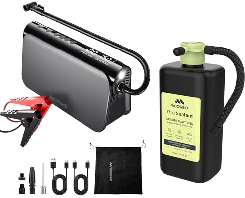 Woowind 3-i-1 starthjälp Power Pack med luftkompressor och däcktätningsmedel omedelbart platt däck reparationssats (450 ml) – platt nödreparationssats för bilar, lastbilar och SUV:ar