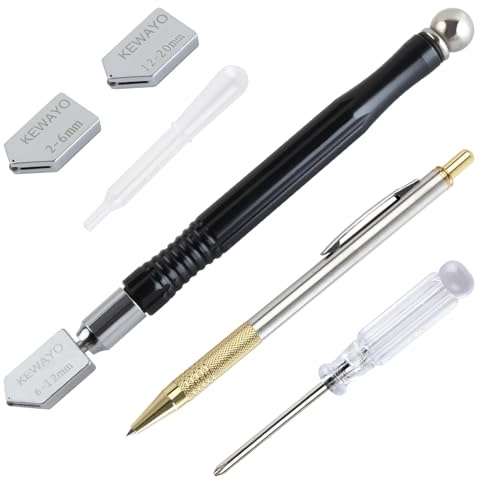 KEWAYO Glass Cutter Kit, Upgrade Pencil Style Oil Feed Glass Cutting Tool with 3 Carbide Cutting Heads, for Glass Tiles Mirror Stained Glass