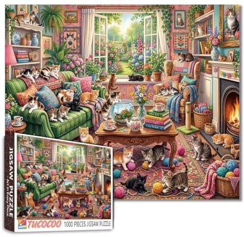 Katzenpuzzle 1000 Teile für Erwachsene Gemütliches Wohnzimmer mit niedlichen Kätzchen Bunte Gartenansicht Jigsaw Puzzle 50 x 70 cm Herausfordernde Puzzles Geschenk für Tierliebhaber Entspannende