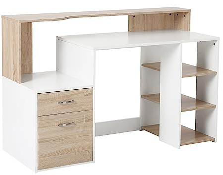 HOMCOM Mesa de Ordenador PC con Estantería 137x55x92 cm Blanco y Roble | Escritorio, 3 Estantes, 2 Cajones, Soporte para Impresora, para Oficina Estudio Despacho