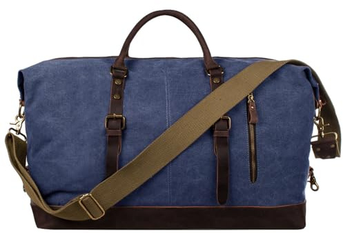 S-ZONE Resväska 52–55 l vintage canvas galen häst läder trim unisex handbagage weekendväska sportväska för resor helg semester, Ljusblå, XL