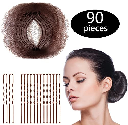 Hair Nets Invisible Elastic Edge Mesh and U Shaped Pins Set, 50 Pieces 50cm Individual Package Invisible Hair Nets, 40 Pieces U Shaped Pins for Women Bun (Brown)