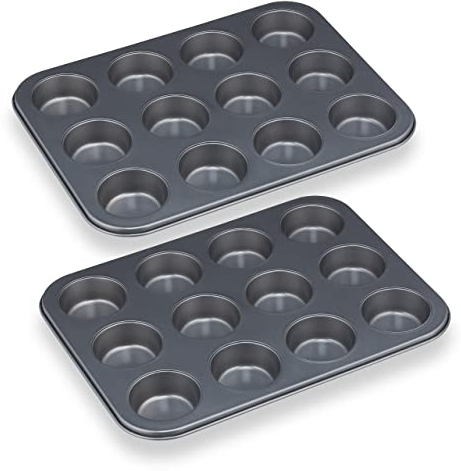 Relaxdays Moldes Magdalenas, Set 2, Bandejas para 12 Muffins y Cupcakes, Antiadherentes, Acero al Carbono, 6,5cm Ø, Gris