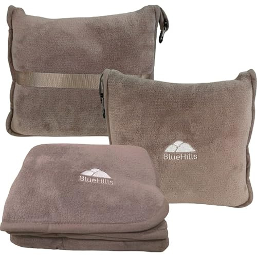 BlueHills Premium Soft Travel Blanket Pillow Airplane Flight Blanket Throw in Soft Bag Pillow case with Luggage Belt & Backpack Clip Compact Pack Large Blanket Taupe T023